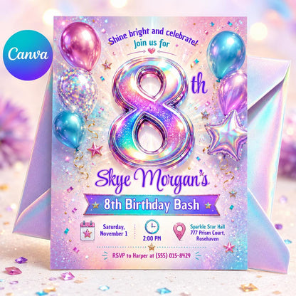 Holographic 8th Birthday Invitation, Iridescent Sparkle Girl Party Invite, Editable Printable Canva Template __etsy:8173904884