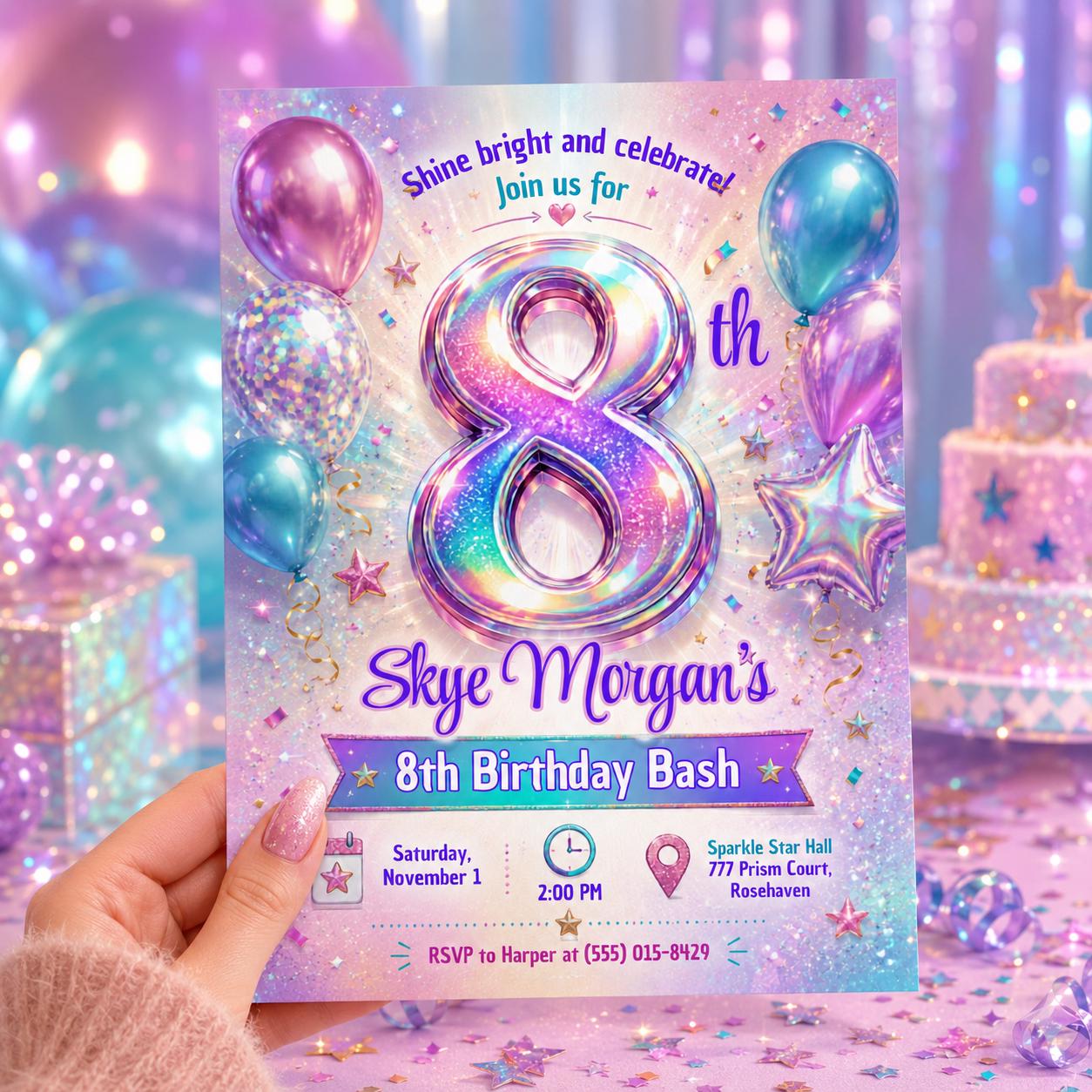 Holographic 8th Birthday Invitation, Iridescent Sparkle Girl Party Invite, Editable Printable Canva Template __etsy:8173904914