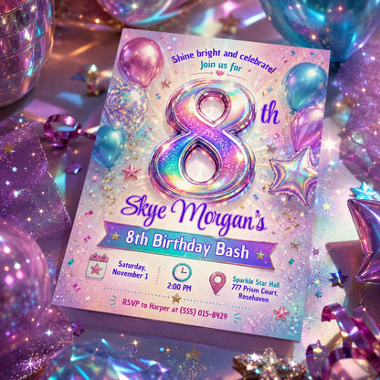 Holographic 8th Birthday Invitation, Iridescent Sparkle Girl Party Invite, Editable Printable Canva Template __etsy:8221835447