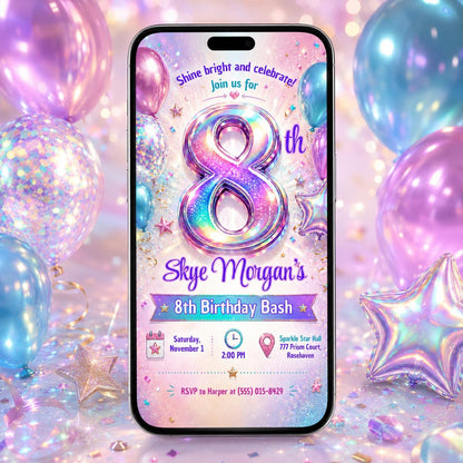 Holographic 8th Birthday Invitation, Iridescent Sparkle Girl Party Invite, Editable Printable Canva Template __etsy:8221835449