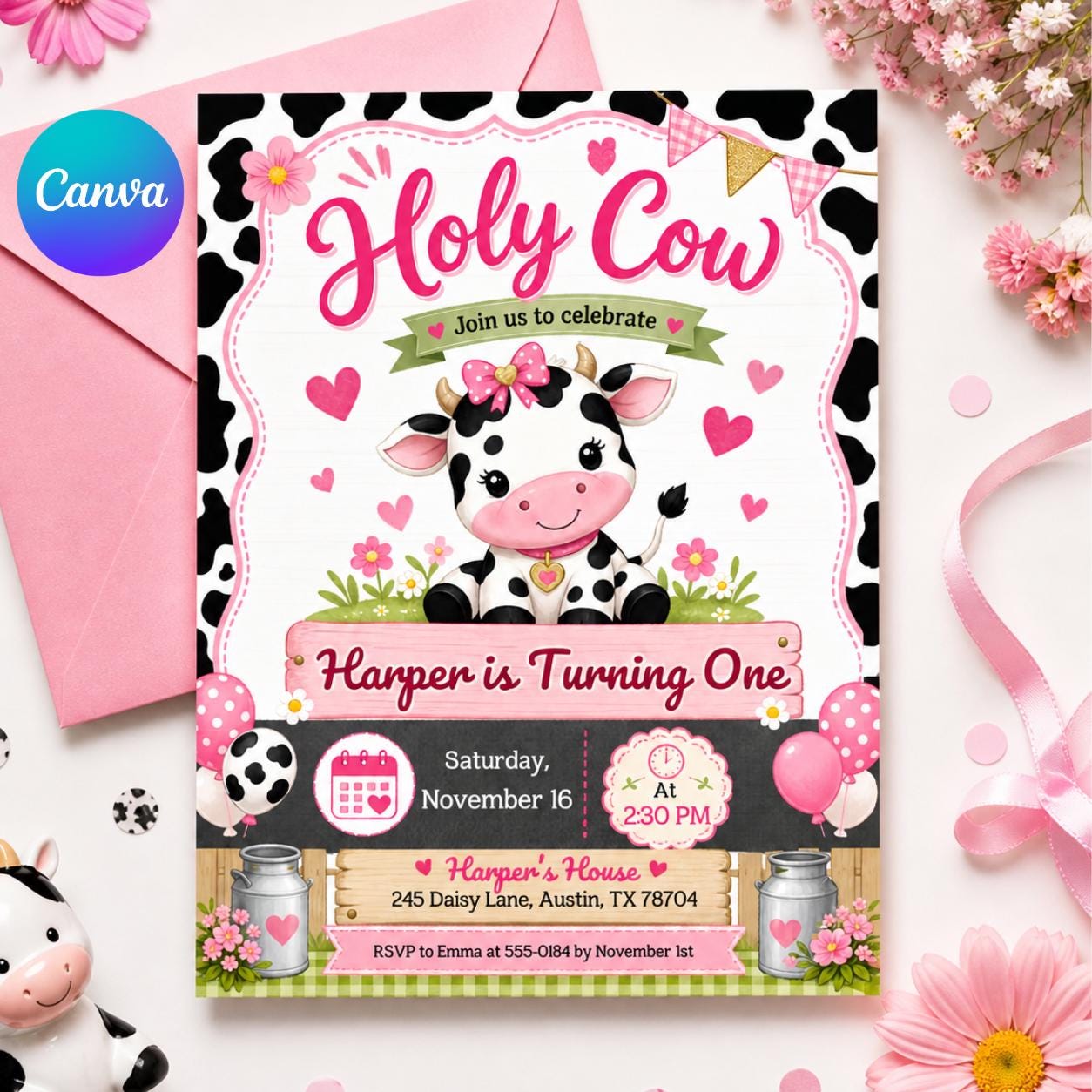Holy Cow Birthday Invitation, Cowgirl Invitation, Holy Cow Girl 1st Birthday Invite, Holly Cow Invitation, Barnyard Party, Editable Canva __etsy:8035910883