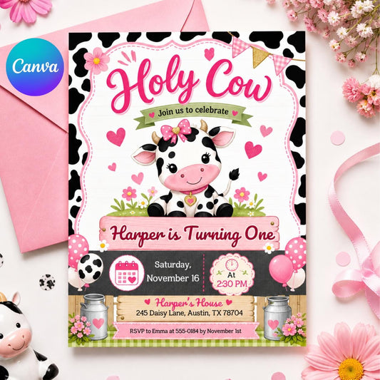 Holy Cow Birthday Invitation, Cowgirl Invitation, Holy Cow Girl 1st Birthday Invite, Holly Cow Invitation, Barnyard Party, Editable Canva __etsy:8035910883