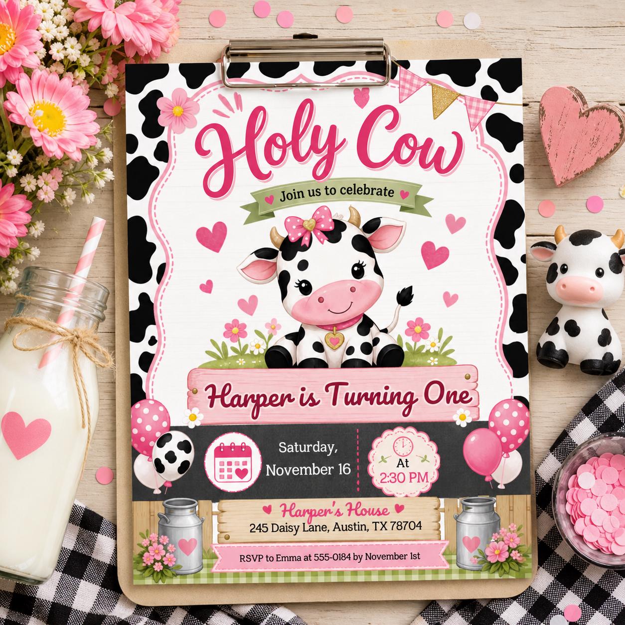 Holy Cow Birthday Invitation, Cowgirl Invitation, Holy Cow Girl 1st Birthday Invite, Holly Cow Invitation, Barnyard Party, Editable Canva __etsy:8031992021
