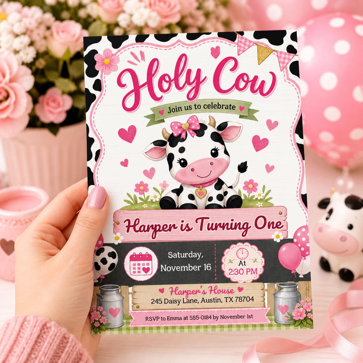 Holy Cow Birthday Invitation, Cowgirl Invitation, Holy Cow Girl 1st Birthday Invite, Holly Cow Invitation, Barnyard Party, Editable Canva __etsy:7984047518