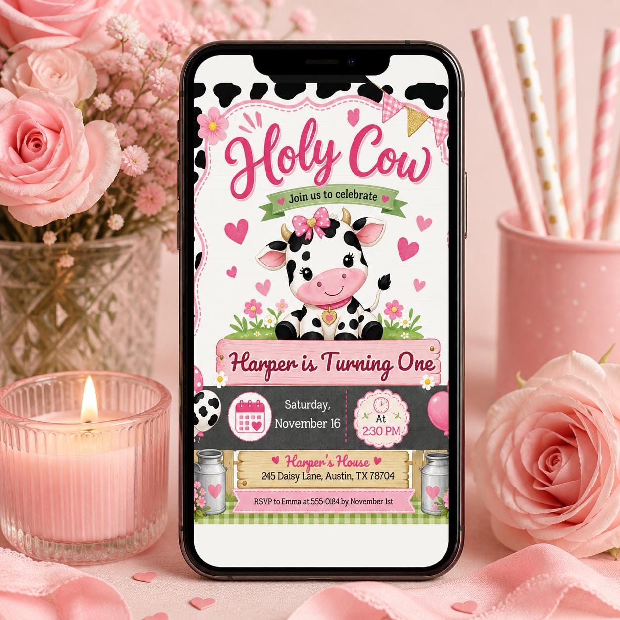 Holy Cow Birthday Invitation, Cowgirl Invitation, Holy Cow Girl 1st Birthday Invite, Holly Cow Invitation, Barnyard Party, Editable Canva __etsy:8031992173