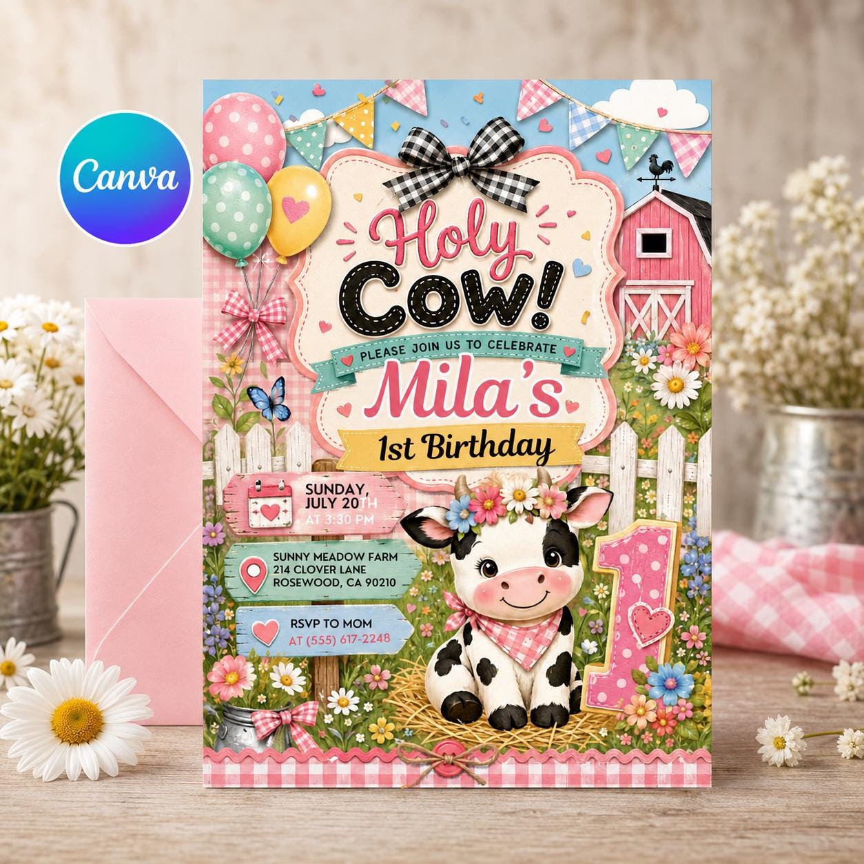 Holy Cow Party Birthday Invitation, Banyard Party Invitation, Holy Cow Invitation, Editable Canva Template , Cowgirl Party Invitation __etsy:8097190557