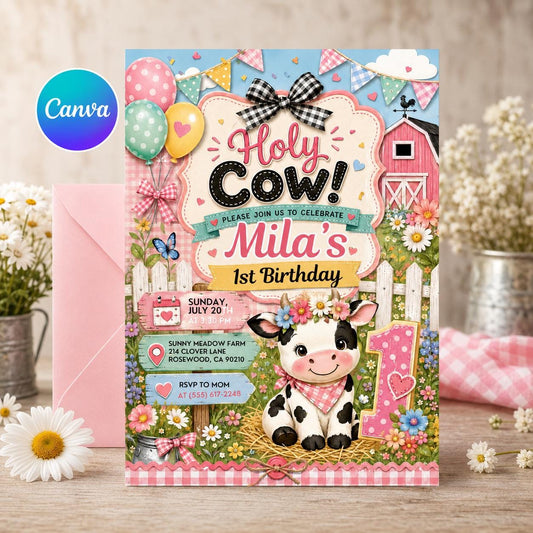 Holy Cow Party Birthday Invitation, Banyard Party Invitation, Holy Cow Invitation, Editable Canva Template , Cowgirl Party Invitation __etsy:8097190557