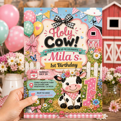 Holy Cow Party Birthday Invitation, Banyard Party Invitation, Holy Cow Invitation, Editable Canva Template , Cowgirl Party Invitation __etsy:8097190563