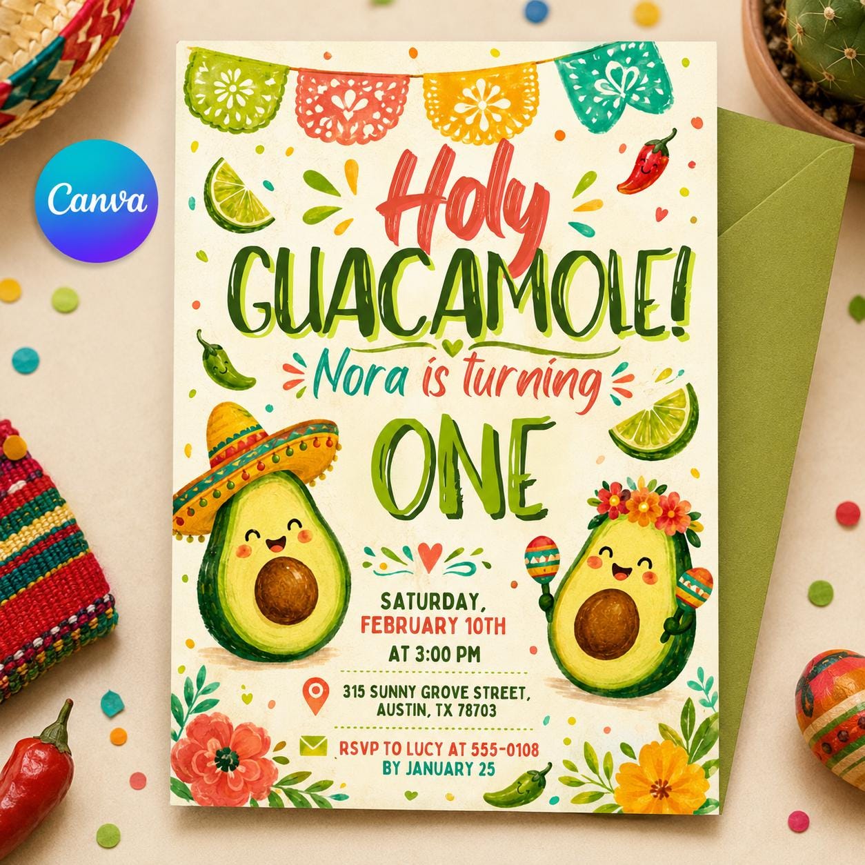 Holy Guacamole Birthday Invitation , Avocado Birthday Party Invitation, Editable Holy Guacamole Avocado Kids Birthday ,Canva Template __etsy:8063177232
