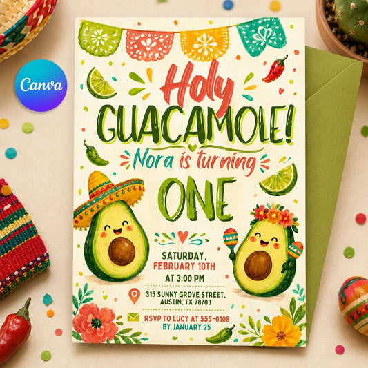 Holy Guacamole Birthday Invitation , Avocado Birthday Party Invitation, Editable Holy Guacamole Avocado Kids Birthday ,Canva Template __etsy:8063177232