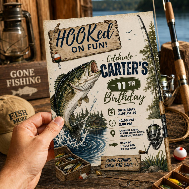 Lake Hooked On Fun 11th Birthday Invitation for Boys