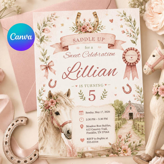 Horse Birthday Invitation Editable Template, Saddle Up Cowgirl Party Invite, Gallop On Over Party Theme, Editable Canva Western Party Invite __etsy:8176323723