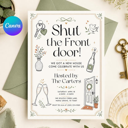 House Warming Invitation, Housewarming Invitation, Housewarming Party Invite, Modern Minimalistic, Shut The Front Door, Editable Canva __etsy:8002188176