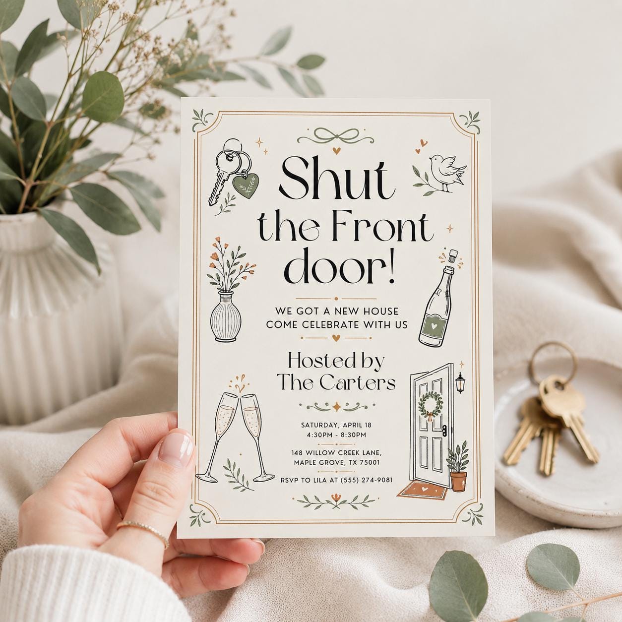 House Warming Invitation, Housewarming Invitation, Housewarming Party Invite, Modern Minimalistic, Shut The Front Door, Editable Canva __etsy:8002182458