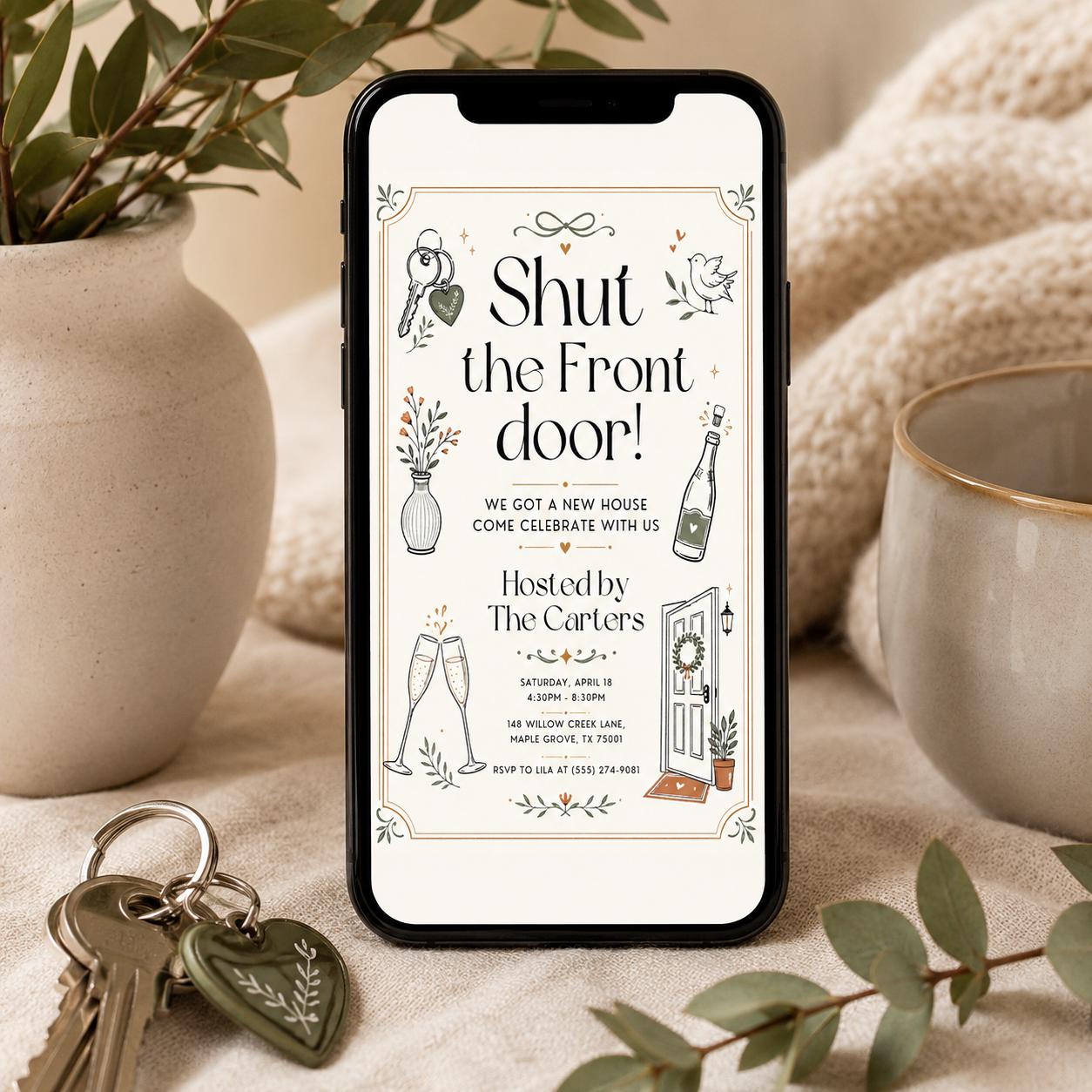 House Warming Invitation, Housewarming Invitation, Housewarming Party Invite, Modern Minimalistic, Shut The Front Door, Editable Canva __etsy:8050109713