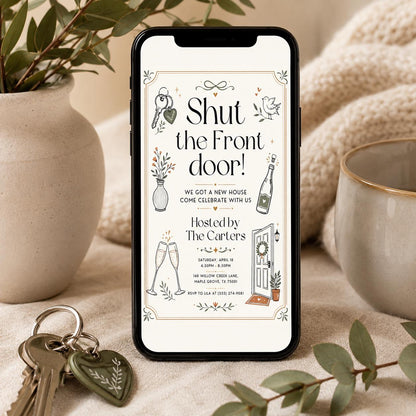 House Warming Invitation, Housewarming Invitation, Housewarming Party Invite, Modern Minimalistic, Shut The Front Door, Editable Canva __etsy:8050109713