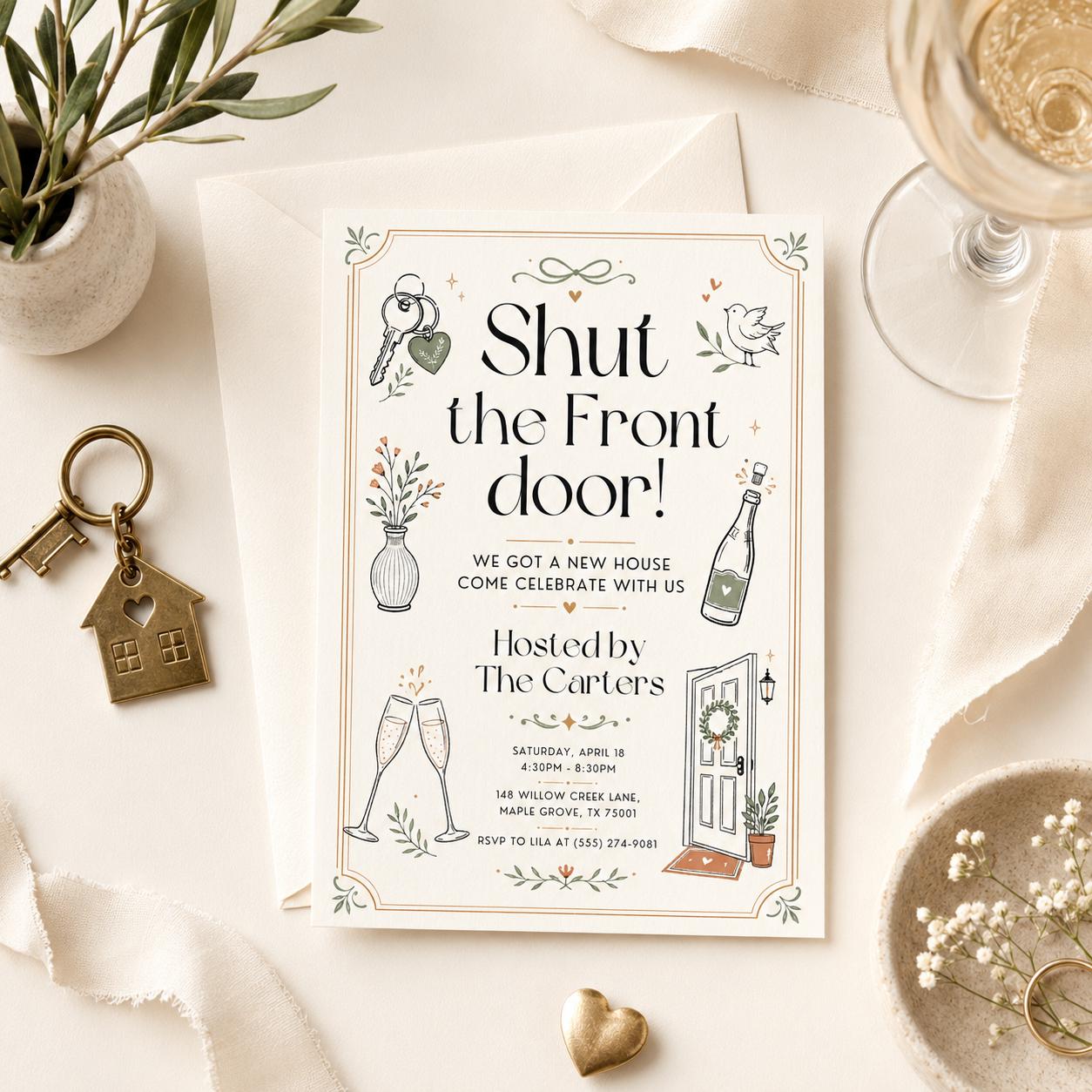 House Warming Invitation, Housewarming Invitation, Housewarming Party Invite, Modern Minimalistic, Shut The Front Door, Editable Canva __etsy:8050109725