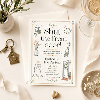 House Warming Invitation, Housewarming Invitation, Housewarming Party Invite, Modern Minimalistic, Shut The Front Door, Editable Canva __etsy:8050109725