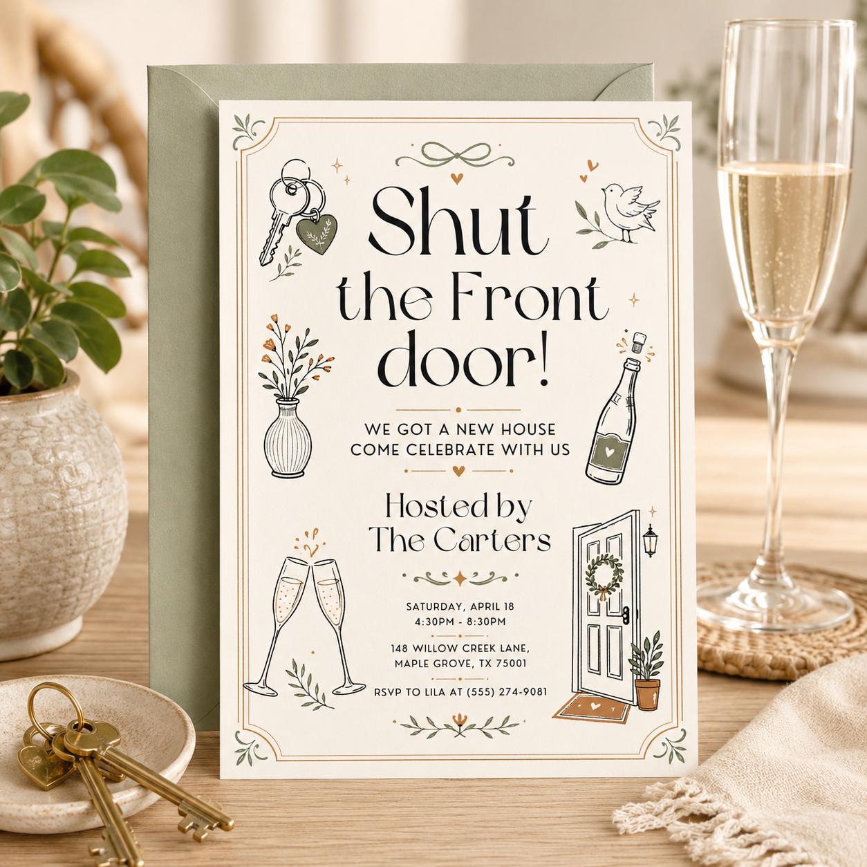 House Warming Invitation, Housewarming Invitation, Housewarming Party Invite, Modern Minimalistic, Shut The Front Door, Editable Canva __etsy:8050109745