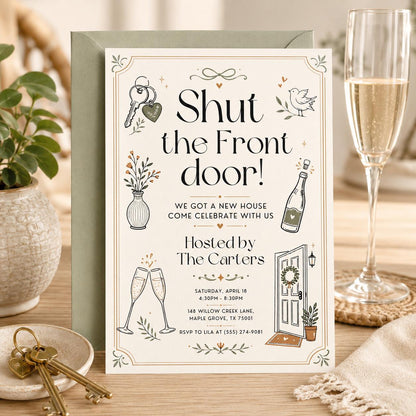 House Warming Invitation, Housewarming Invitation, Housewarming Party Invite, Modern Minimalistic, Shut The Front Door, Editable Canva __etsy:8050109745
