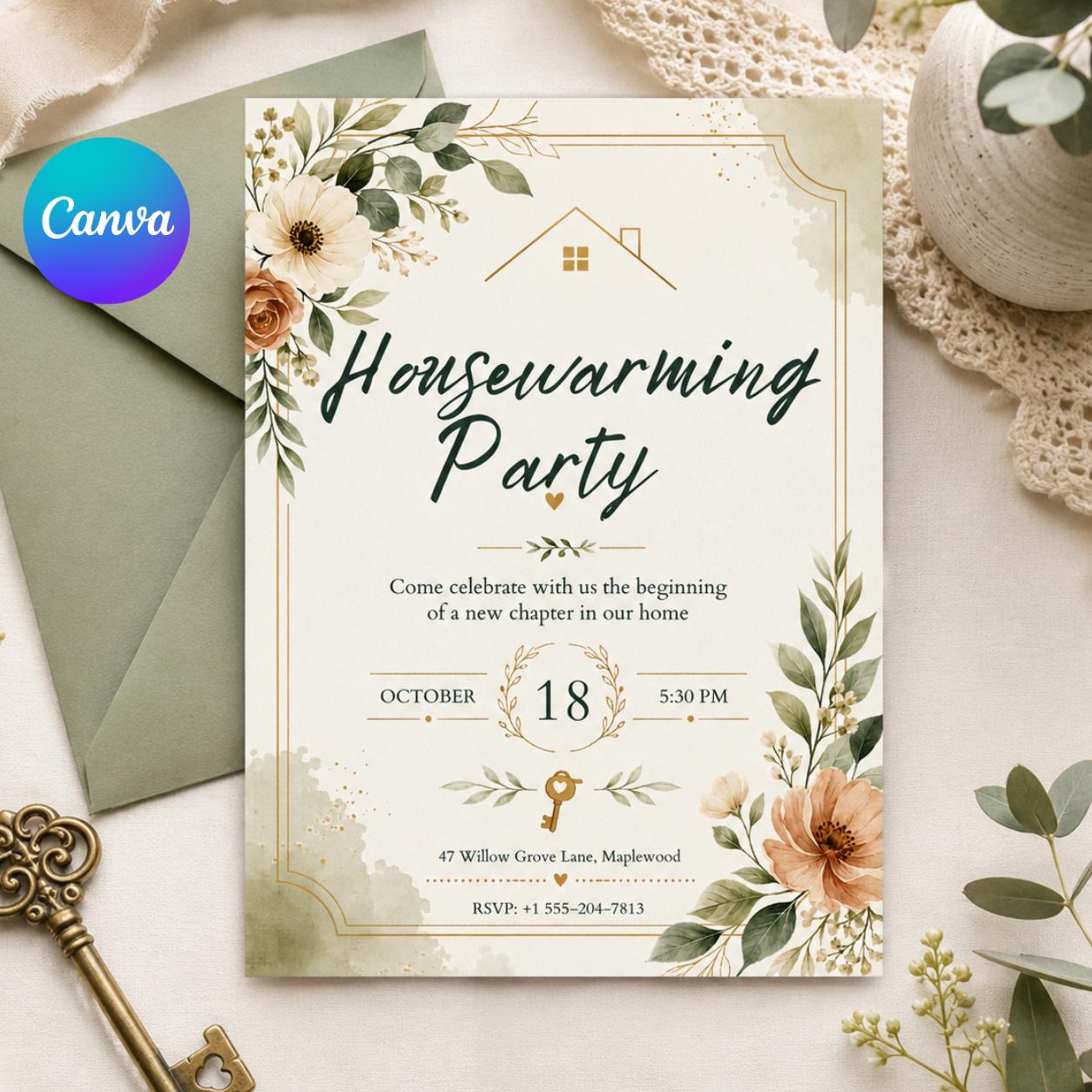 Housewarming Party Invitation, Housewarming Party Invitation Template, New Home Celebration, Red Door Illustration, Editable Canva Invite __etsy:8050243191