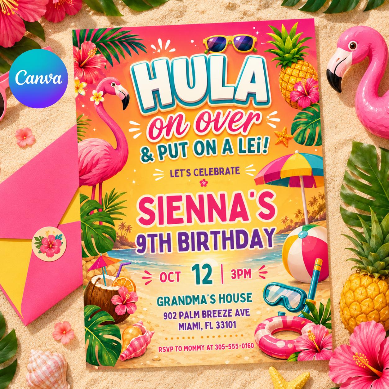 Hula On Over Birthday Invitation, Colorful Tropical LUAU Party Invite, Hawaiian theme, Aloha party invitation,, Editable Canva Template __etsy:8056933469