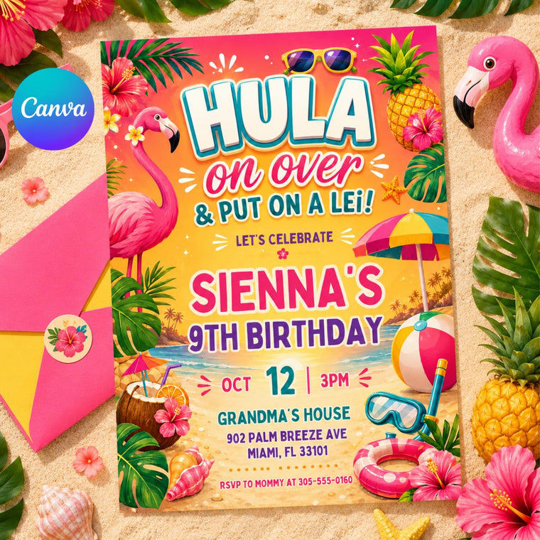 Flamingo Hula on Over 9th Birthday Invitation