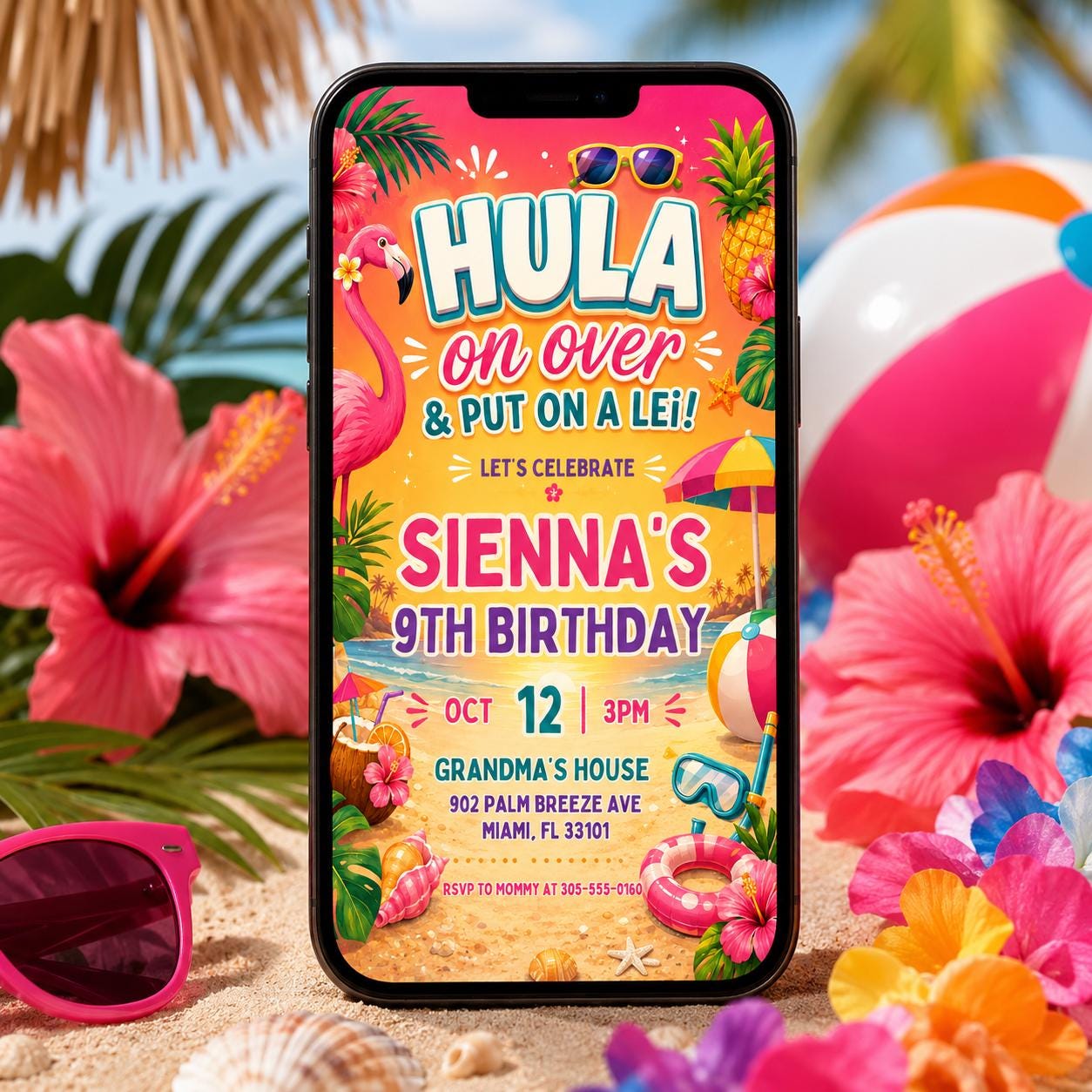 Hula On Over Birthday Invitation, Colorful Tropical LUAU Party Invite, Hawaiian theme, Aloha party invitation,, Editable Canva Template __etsy:8009014214