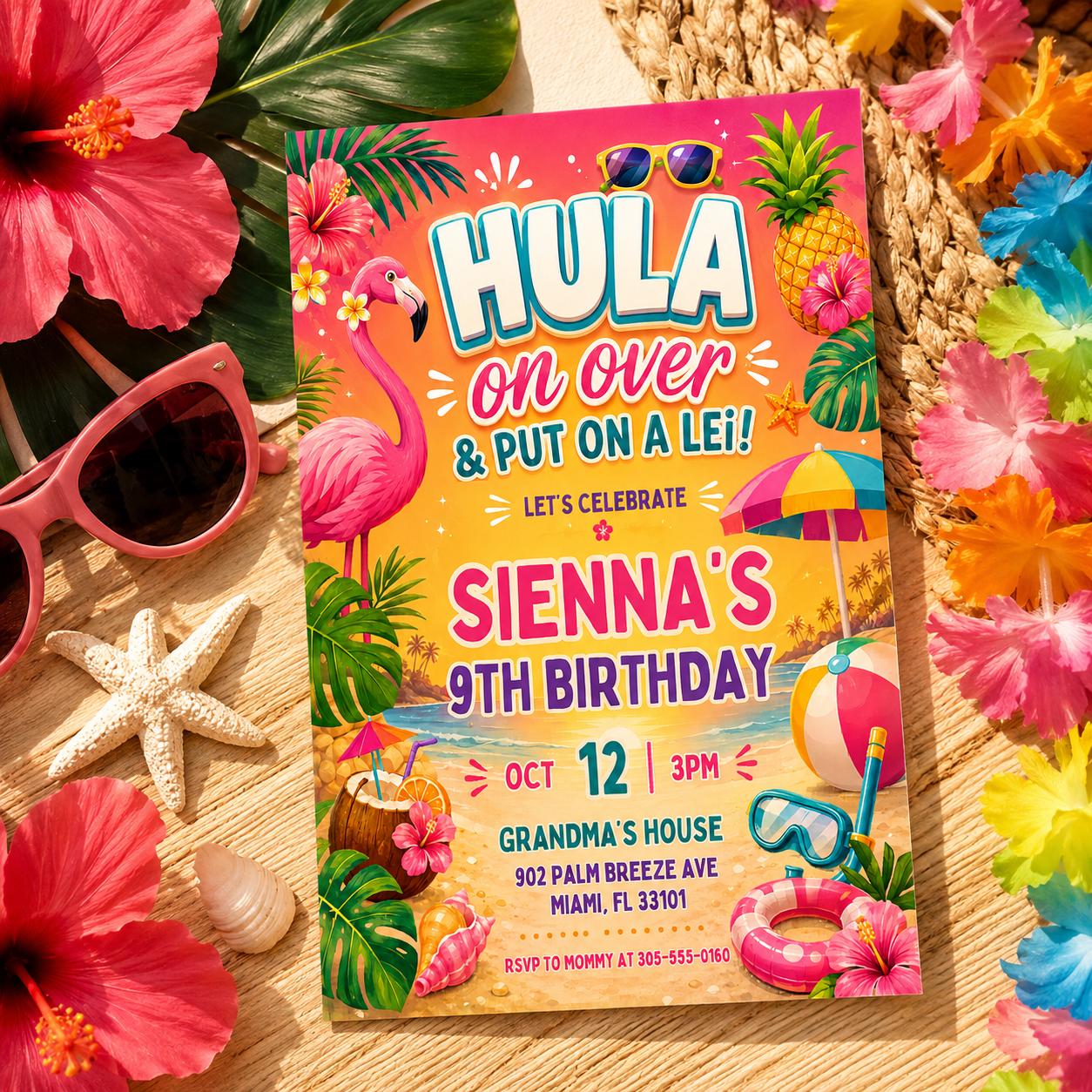 Hula On Over Birthday Invitation, Colorful Tropical LUAU Party Invite, Hawaiian theme, Aloha party invitation,, Editable Canva Template __etsy:8009014348