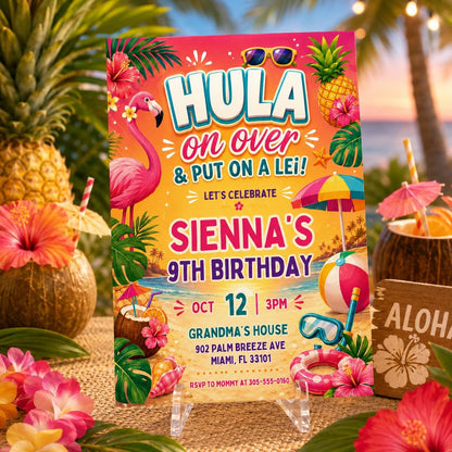 Hula On Over Birthday Invitation, Colorful Tropical LUAU Party Invite, Hawaiian theme, Aloha party invitation,, Editable Canva Template __etsy:8056932465