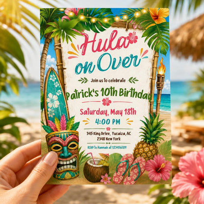Hula On Over Birthday Invitation, Colorful Tropical LUAU Party Invite, Hawaiian theme, Aloha party invitation, Editable Canva Template __etsy:8015089088