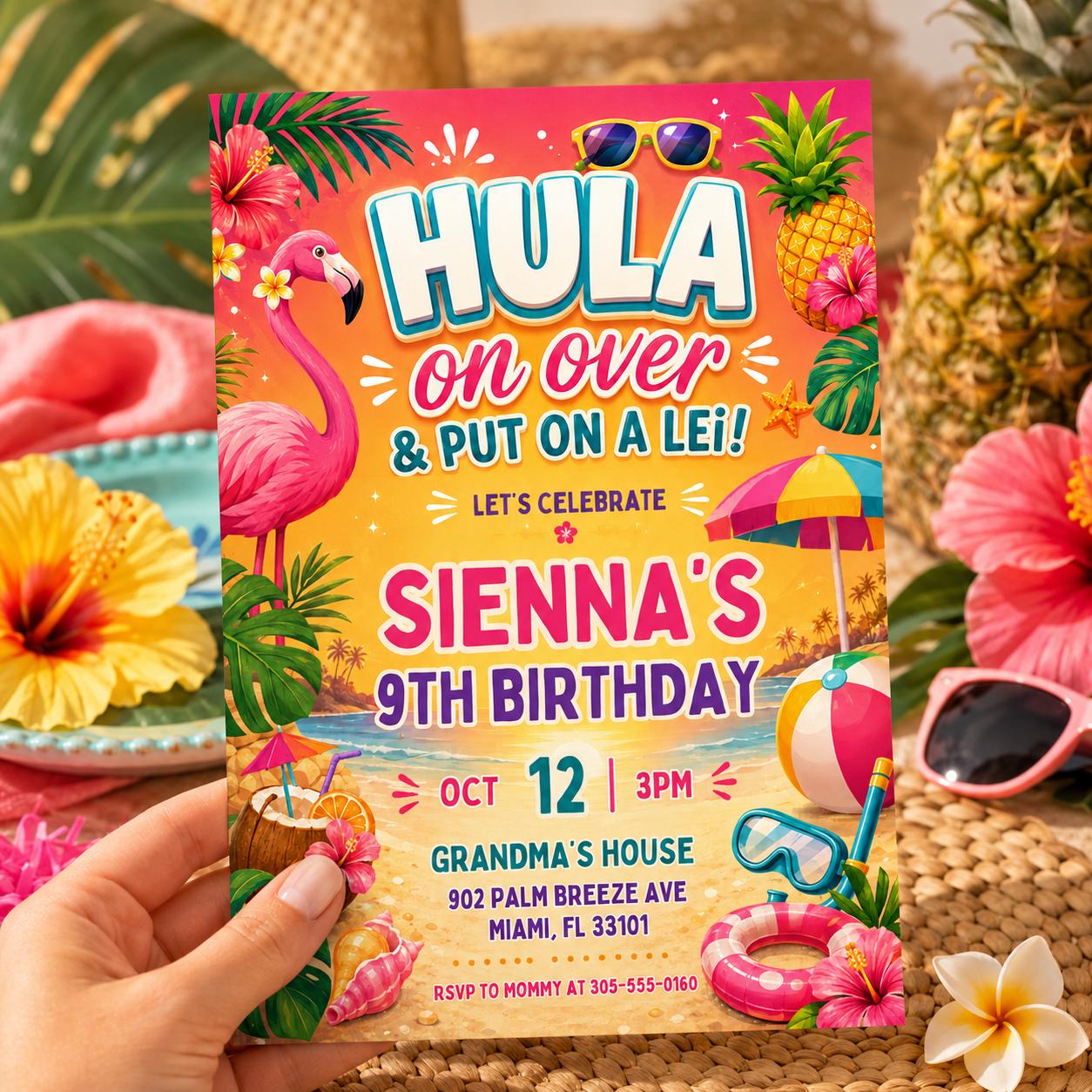 Hula On Over Birthday Invitation, Colorful Tropical LUAU Party Invite, Hawaiian theme, Aloha party invitation,, Editable Canva Template __etsy:8056932521