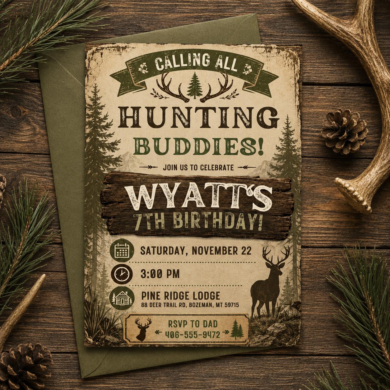 Hunting Buddies Invitation, Deer Birthday Invitation, Deer Birthday Invite, Woodland Invite, Outdoor Invite, Editable Canva Template __etsy:8086760871