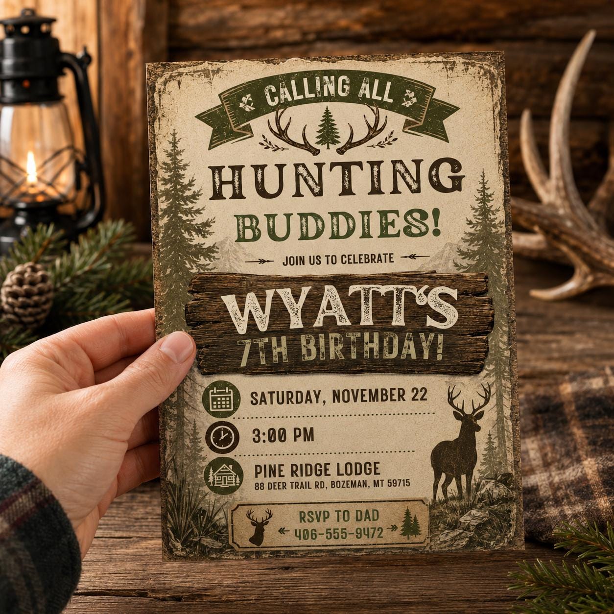 Hunting Buddies Invitation, Deer Birthday Invitation, Deer Birthday Invite, Woodland Invite, Outdoor Invite, Editable Canva Template __etsy:8086760863
