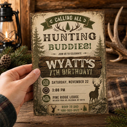 Hunting Buddies Invitation, Deer Birthday Invitation, Deer Birthday Invite, Woodland Invite, Outdoor Invite, Editable Canva Template __etsy:8086760863