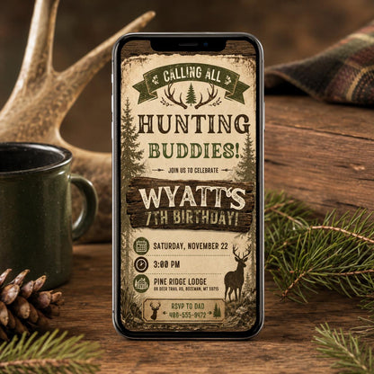 Hunting Buddies Invitation, Deer Birthday Invitation, Deer Birthday Invite, Woodland Invite, Outdoor Invite, Editable Canva Template __etsy:8086760859
