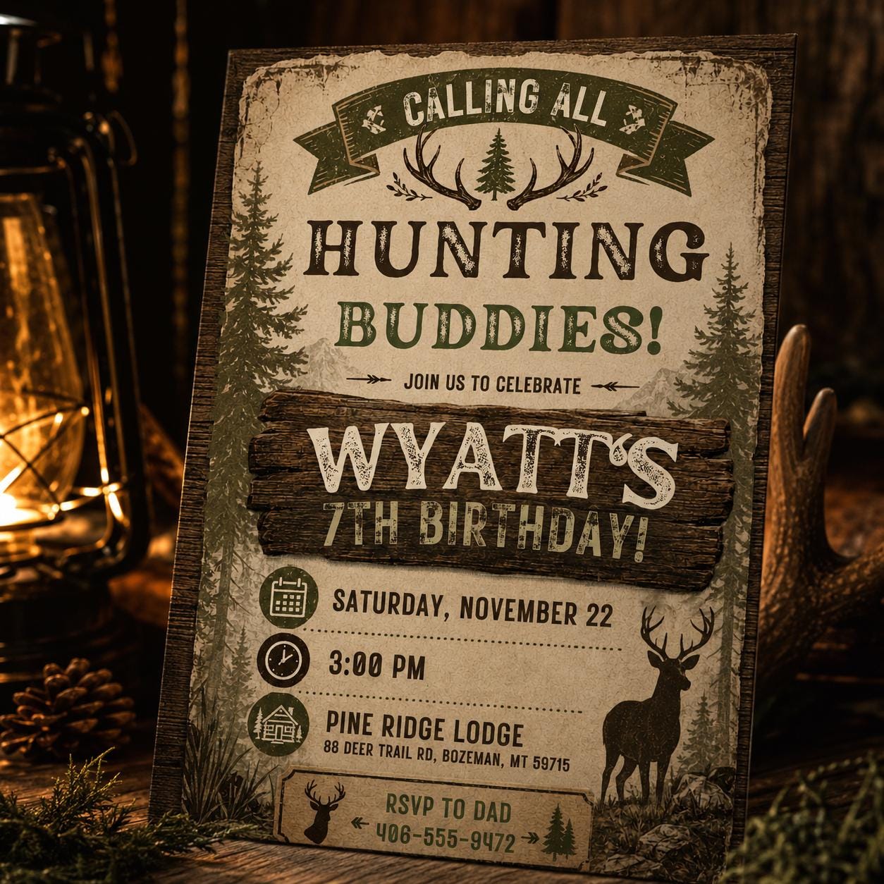 Hunting Buddies Invitation, Deer Birthday Invitation, Deer Birthday Invite, Woodland Invite, Outdoor Invite, Editable Canva Template __etsy:8086760869