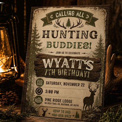 Hunting Buddies Invitation, Deer Birthday Invitation, Deer Birthday Invite, Woodland Invite, Outdoor Invite, Editable Canva Template __etsy:8086760869