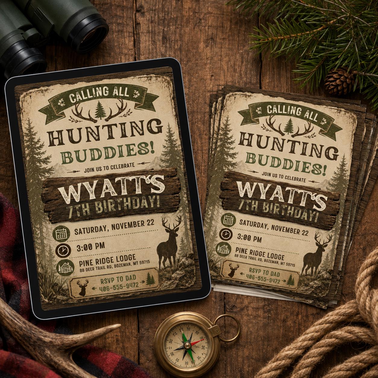 Hunting Buddies Invitation, Deer Birthday Invitation, Deer Birthday Invite, Woodland Invite, Outdoor Invite, Editable Canva Template __etsy:8038847420