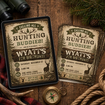 Hunting Buddies Invitation, Deer Birthday Invitation, Deer Birthday Invite, Woodland Invite, Outdoor Invite, Editable Canva Template __etsy:8038847420