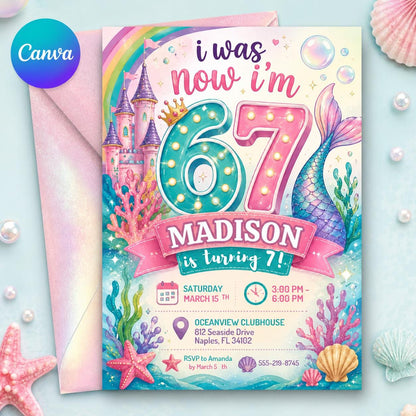 I Was 6 Now I'm 7 Mermaid Invitation, Gen Alpha Meme Party, Editable Pink Glitter Mermaid Tail 7th Birthday, 6 7 meme Party Canva Template __etsy:8056123748