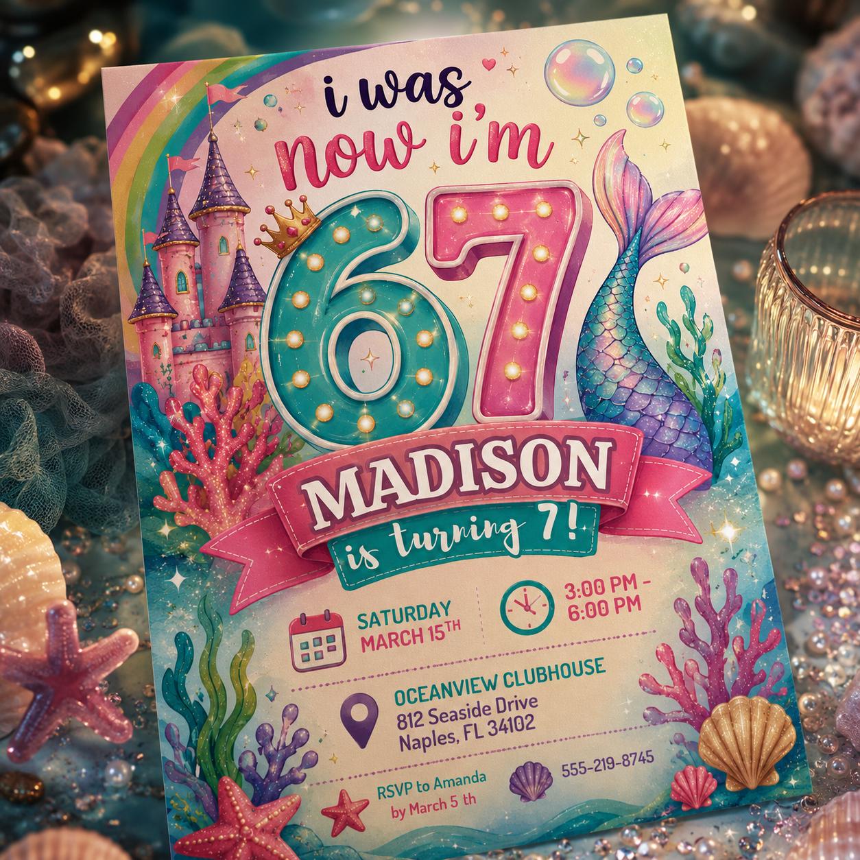 I Was 6 Now I'm 7 Mermaid Invitation, Gen Alpha Meme Party, Editable Pink Glitter Mermaid Tail 7th Birthday, 6 7 meme Party Canva Template __etsy:8056123716