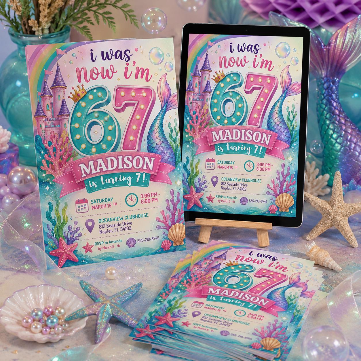 I Was 6 Now I'm 7 Mermaid Invitation, Gen Alpha Meme Party, Editable Pink Glitter Mermaid Tail 7th Birthday, 6 7 meme Party Canva Template __etsy:8104035535