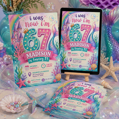 I Was 6 Now I'm 7 Mermaid Invitation, Gen Alpha Meme Party, Editable Pink Glitter Mermaid Tail 7th Birthday, 6 7 meme Party Canva Template __etsy:8104035535