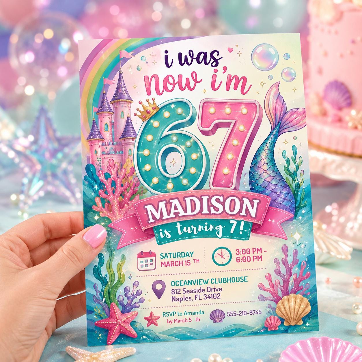 I Was 6 Now I'm 7 Mermaid Invitation, Gen Alpha Meme Party, Editable Pink Glitter Mermaid Tail 7th Birthday, 6 7 meme Party Canva Template __etsy:8104035523