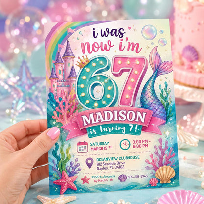 I Was 6 Now I'm 7 Mermaid Invitation, Gen Alpha Meme Party, Editable Pink Glitter Mermaid Tail 7th Birthday, 6 7 meme Party Canva Template __etsy:8104035523