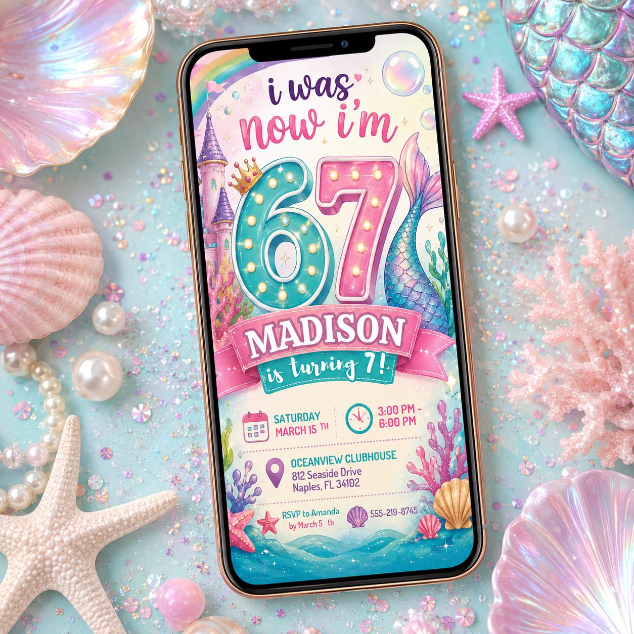 I Was 6 Now I'm 7 Mermaid Invitation, Gen Alpha Meme Party, Editable Pink Glitter Mermaid Tail 7th Birthday, 6 7 meme Party Canva Template __etsy:8104035533