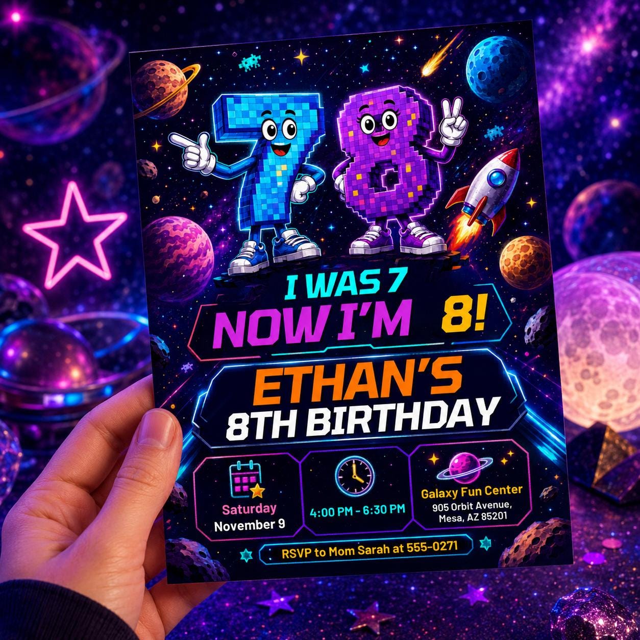 I Was 7 Now Im 8 Birthday Invitation, Editable Space Pixel Party Invite, Boy 8th Birthday Galaxy Arcade Template, Printable Space Theme __etsy:8177821579
