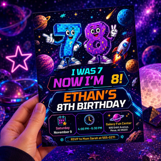 I Was 7 Now Im 8 Birthday Invitation, Editable Space Pixel Party Invite, Boy 8th Birthday Galaxy Arcade Template, Printable Space Theme __etsy:8177821579