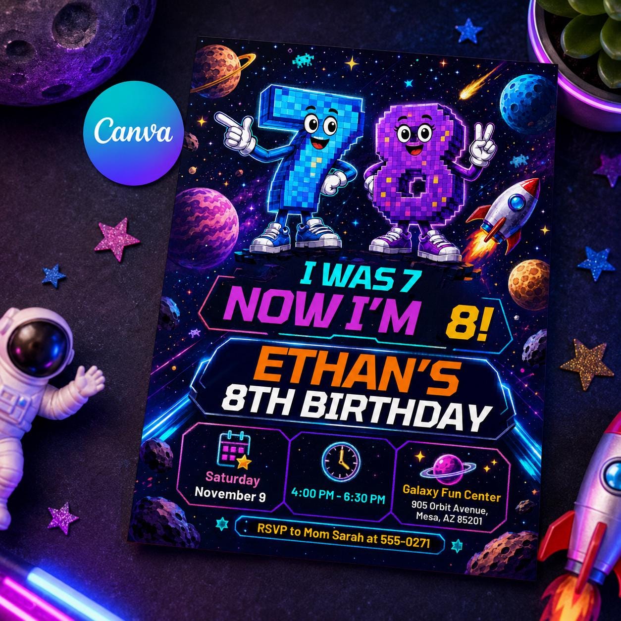 I Was 7 Now Im 8 Birthday Invitation, Editable Space Pixel Party Invite, Boy 8th Birthday Galaxy Arcade Template, Printable Space Theme __etsy:8129923392